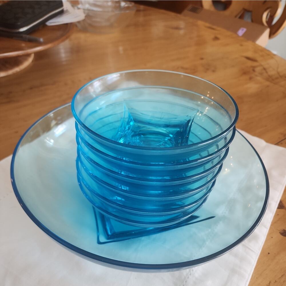 MCM Glassware Hazel Atlas Capri Colonial Azure Blue Glass Salad Serving Set - Picture 8 of 9